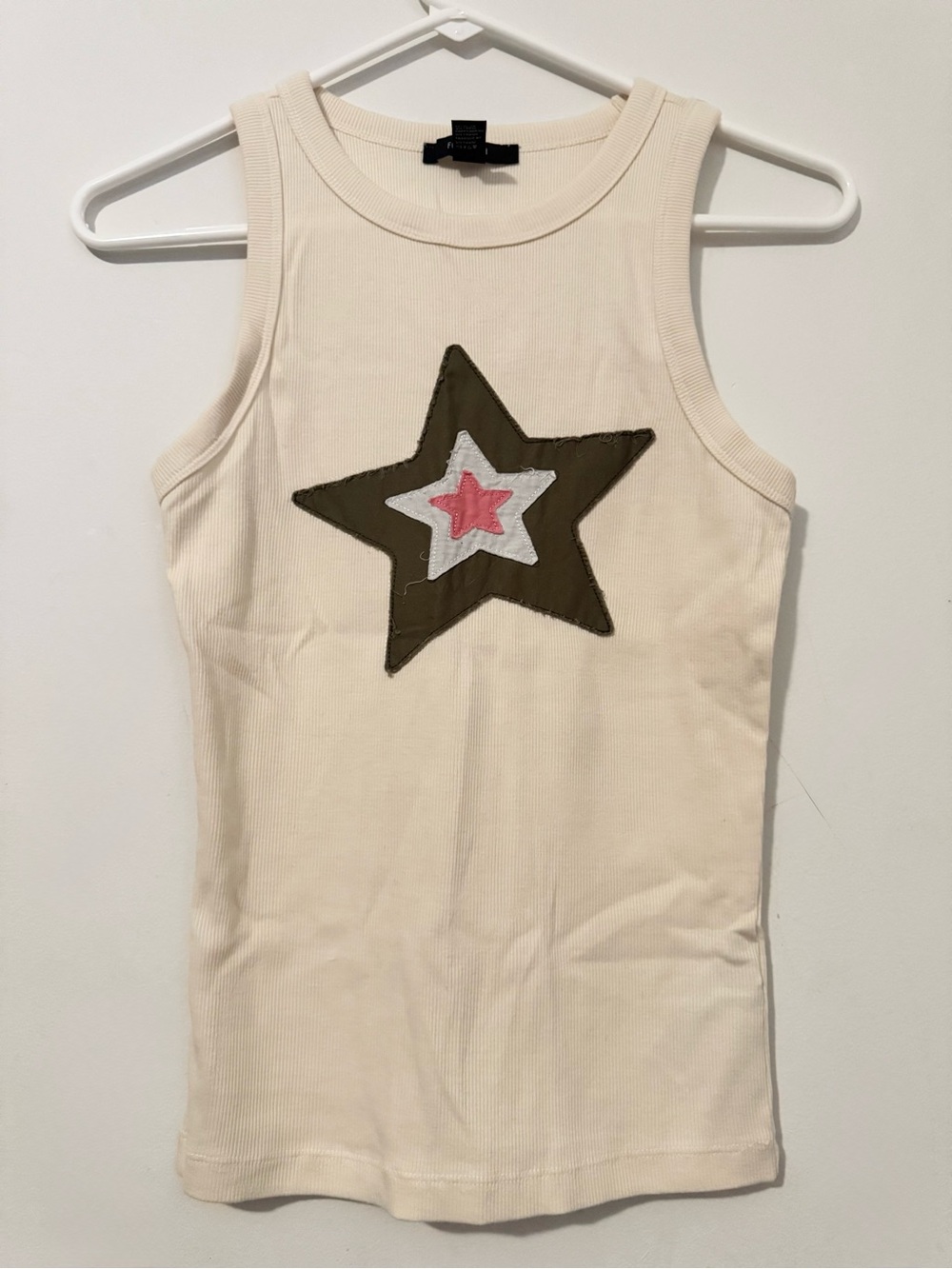 Forever 21 Off-White Ribbed Star Embroidered Tank Top